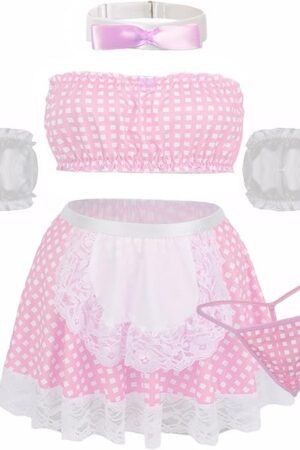 Women's Cosplay Maid Lingerie Sets Sexy Plaid Lace Costume Roleplay Strapless Bra with Mini Skirt