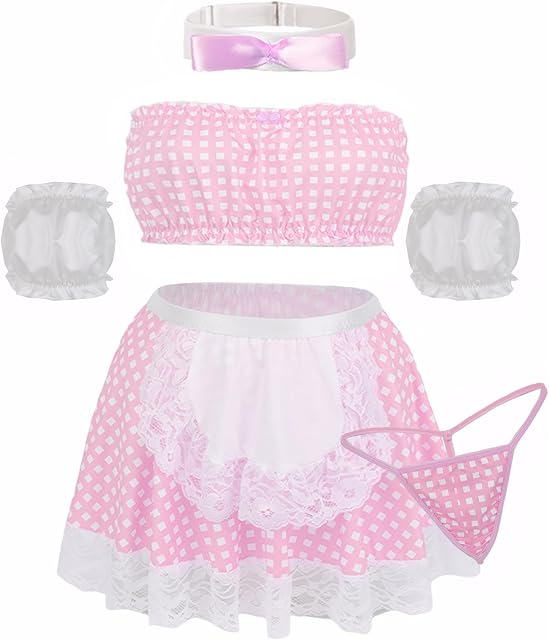 Women's Cosplay Maid Lingerie Sets Sexy Plaid Lace Costume Roleplay Strapless Bra with Mini Skirt