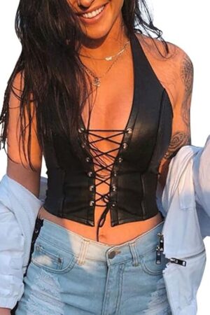 Women Sexy Corset Tops, Adjustable Spaghetti Straps PU Leather Bustier Crop Top Rave Outfit Party Club Night Black
