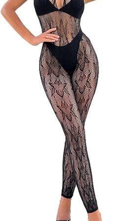 Women's Lingerie Sleeveless Fishnet Leaf Design One-piece Mesh Bodysuit Crossover Halter Bodystocking Sexy Outfit
