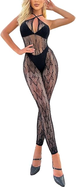 Women's Lingerie Sleeveless Fishnet Leaf Design One-piece Mesh Bodysuit Crossover Halter Bodystocking Sexy Outfit