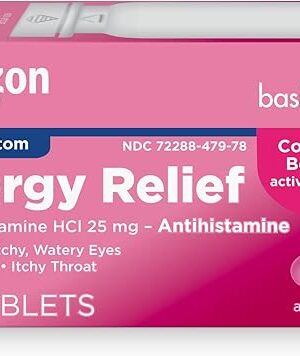Amazon Basic Care Allergy Relief Diphenhydramine HCl 25 mg, Antihistamine Tablets for Symptoms Due to Hay Fever and Upper Respiratory Allergies, 100 Count