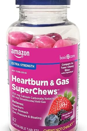 Amazon Basic Care Heartburn & Gas SuperChews Chewable Tablets, Mixed Berry, 82 Count (Previously SoundHealth)