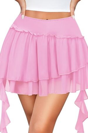 Women's Pleated Mini Skirt Mesh Layered Ruffled Skirt Casual Ruffles Flowy Hem S-XXL
