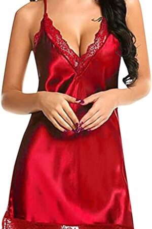 Women Satin Nightgown Babydoll Lingerie Dress Sexy Sleepwear Lace V Neck Spaghetti Strap Mini Slip Chemise Nightwear