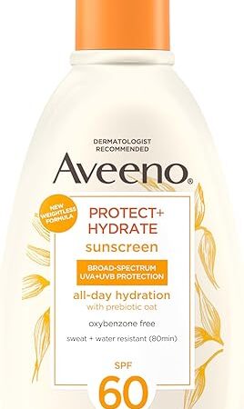Aveeno Protect + Hydrate Sunscreen Moisturizing Body Lotion with Prebiotic Oat, Broad Spectrum SPF 60, Paraben, Oxybenzone & Oil Free, Weightless, Water & Sweat Resistant for Sensitive Skin, 12 Fl Oz