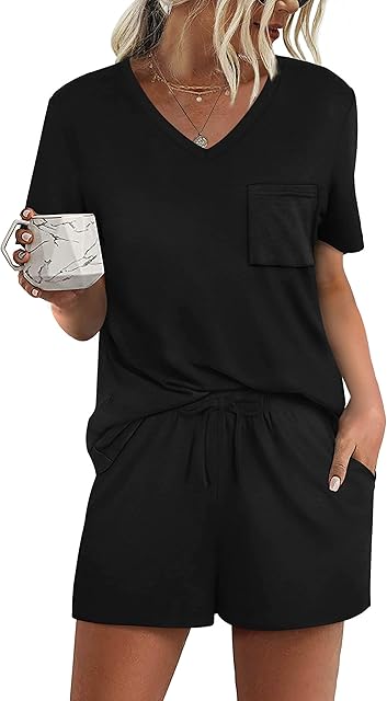 Women's Short Sleeve Pajama Sets with Pockets Casual V Neck 2 Piece Lounge Sets S-3XL