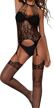 Womens Fishnet Bodystocking Attached Stockings Sexy Lingerie Crotchless Bodysuit Mesh Bodystocking Babydoll One Size