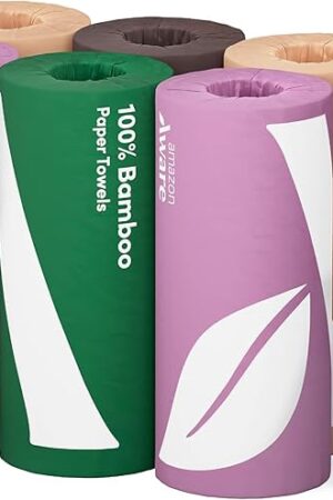 Amazon Aware 100% Bamboo Paper Towels, 6 Rolls, 2 ply, FSC Certified, 150 Sheets, 900 Count, Plastic-Free, Multicolor