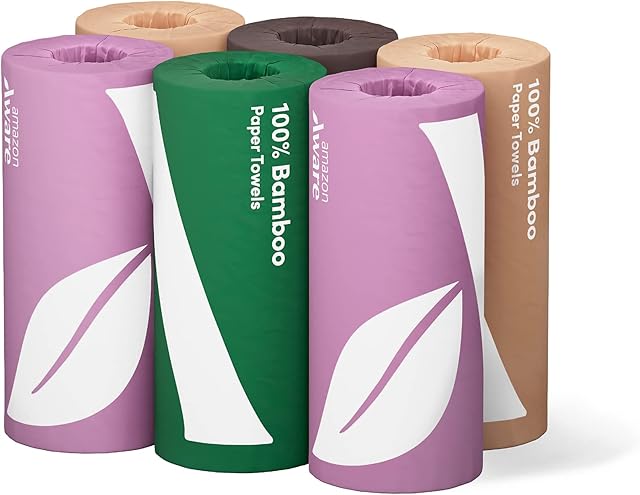 Amazon Aware 100% Bamboo Paper Towels, 6 Rolls, 2 ply, FSC Certified, 150 Sheets, 900 Count, Plastic-Free, Multicolor