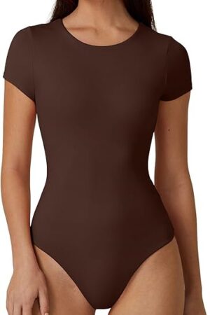Women's Crew Neck Short Sleeve Bodysuit Double Lined Body Suits Basic T-shirt Tops