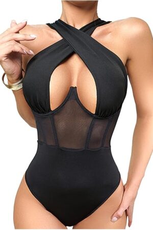 Women's Halter Criss Cross Sleeveless Bodysuit Sheer Mesh Corset Bustier Sexy Cut Out Leotard Jumpsuit