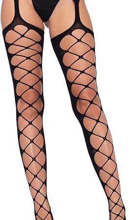 1778-00122 Diamond Net Opaque Stockings With Attached Garterbelt, O/S, Black