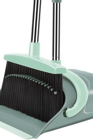 Broom and Dustpan Set for Home, Dust pan with Long Handle, Broom with Dustpan Combo Set, for Home Kitchen Room Office Lobby Floor Use Upright Stand Up Sweeping (Gray&Green)