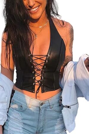 Women Halter Backless Tank Tops Sexy Rivet String Lace Up Leather Tops Camisole