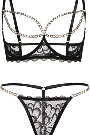 Women's See Through Lace Lingerie Feather Shape Embroidery Underwire Sexy Hollow Out Teddy Strap Chain Bra and Panty Set