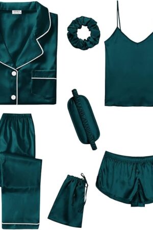 Womens Silk Satin Pajamas Sets 7pcs Sleepwear Sexy Cami Shorts Set and Button Down Short Sleeve Satin Pjs