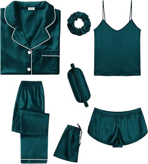 Womens Silk Satin Pajamas Sets 7pcs Sleepwear Sexy Cami Shorts Set and Button Down Short Sleeve Satin Pjs