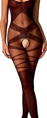 Women's Mesh Lace Fishnet Lingerie Cut Out Bodysuit Negligee Sexy Tights Striped Garter Mesh Stockings