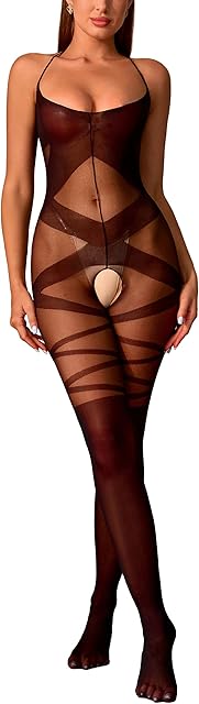 Women's Mesh Lace Fishnet Lingerie Cut Out Bodysuit Negligee Sexy Tights Striped Garter Mesh Stockings