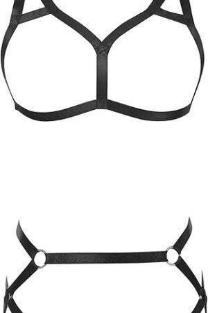 Women Body Harness Bra Set: Sexy Punk Caged Bra Elastic Cupless Bra Gothic Style Hollow Out Strappy Lingerie Set