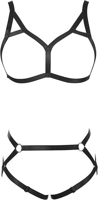 Women Body Harness Bra Set: Sexy Punk Caged Bra Elastic Cupless Bra Gothic Style Hollow Out Strappy Lingerie Set