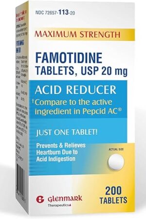 Glenmark Maximum Strength Famotidine Tablets, 20 mg, Acid Reducer for Heartburn Relief, 200 Count