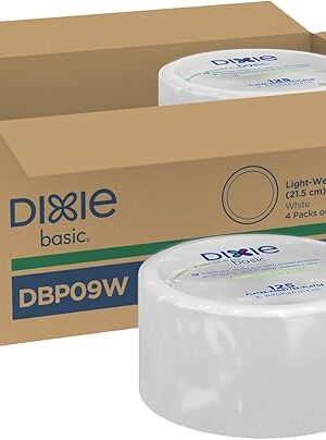 Dixie Basic 85 Inch Light-Weight Paper Plates By GP PRO, White, 500 Count (125 Disposable Plates Per Pack, 4 Packs Per Case), DBP09W