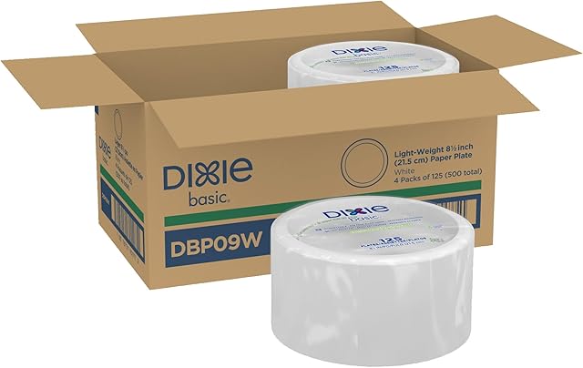 Dixie Basic 85 Inch Light-Weight Paper Plates By GP PRO, White, 500 Count (125 Disposable Plates Per Pack, 4 Packs Per Case), DBP09W