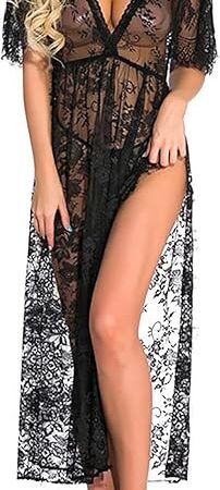 Women Sexy Long Lace Lingerie Plounge V Neck Robe Sheer Thigh-high Slit Babydoll Nightgown Short Sleeve Nightdress