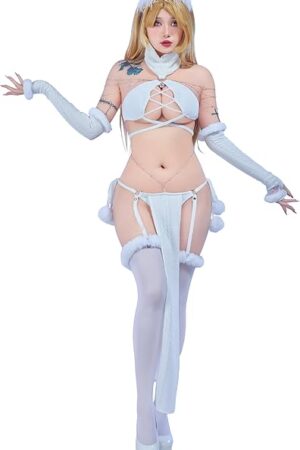 Women Sexy Lingerie Set Winter White Sweater Hollow Lace-up Outfit with Sleeves