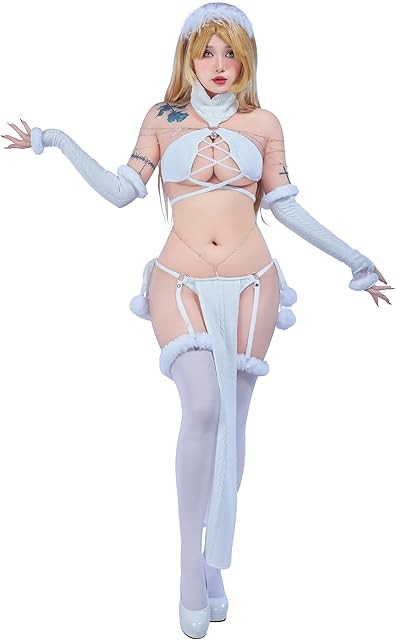 Women Sexy Lingerie Set Winter White Sweater Hollow Lace-up Outfit with Sleeves