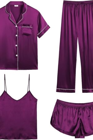 Womens Silk Satin Pajamas Sets 4pcs Sleepwear Sexy Cami Shorts Set and Button Down Short Sleeve Pjs Loungewear