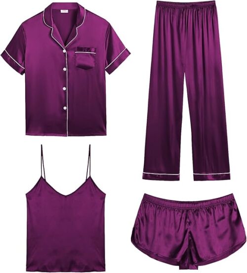 Womens Silk Satin Pajamas Sets 4pcs Sleepwear Sexy Cami Shorts Set and Button Down Short Sleeve Pjs Loungewear