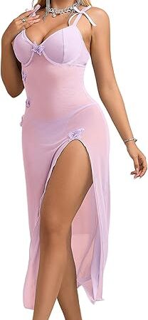 Women Mesh Lingerie Dress Deep V-Neck Sexy Long Nightgown Spaghetti Strap Backless Sleepwear Slits Dress