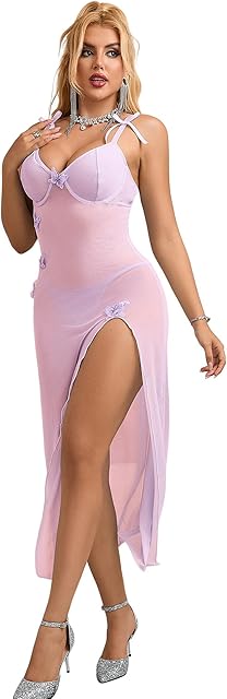 Women Mesh Lingerie Dress Deep V-Neck Sexy Long Nightgown Spaghetti Strap Backless Sleepwear Slits Dress