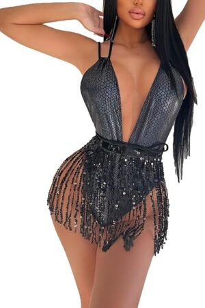 2Pcs Halter Snakeskin One Piece Swimsuit Sparkly Sequins Tassels Set, Women Sexy Deep V Bikini Suit Beach Rave Outfits