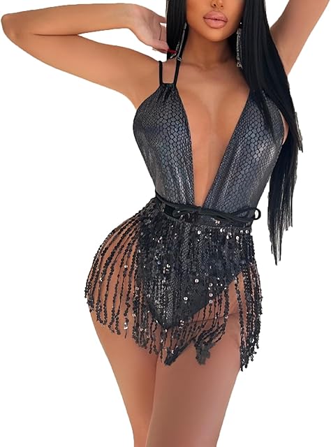 2Pcs Halter Snakeskin One Piece Swimsuit Sparkly Sequins Tassels Set, Women Sexy Deep V Bikini Suit Beach Rave Outfits