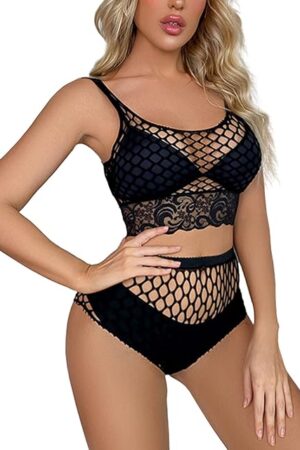 Fishnet Lingerie Set for Women Sexy Lace Mesh Babydoll Lingerie High Waist Bra and Panty 2 Piece Lingerie Sets Nightwear One Size