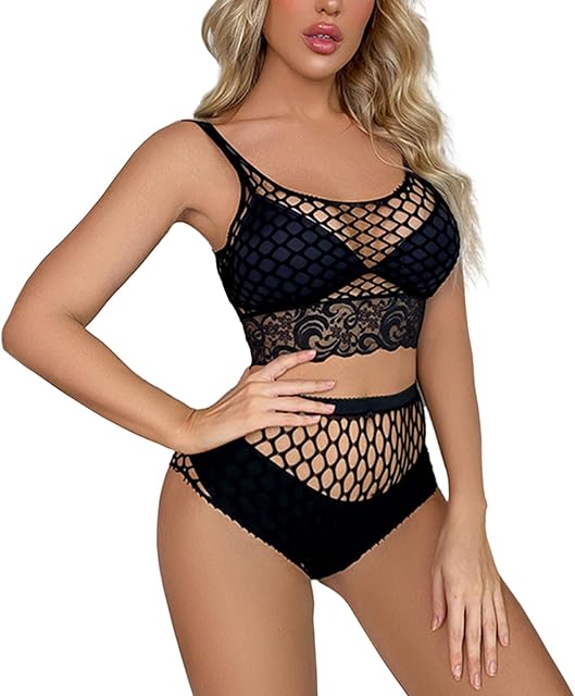 Fishnet Lingerie Set for Women Sexy Lace Mesh Babydoll Lingerie High Waist Bra and Panty 2 Piece Lingerie Sets Nightwear One Size