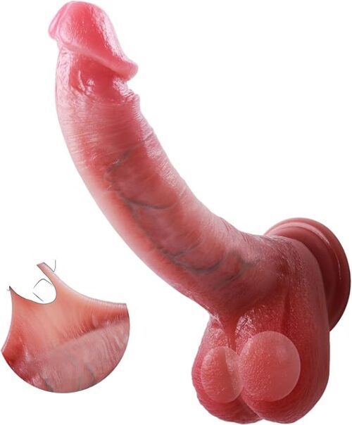 Uncut Realistic Dildos Foreskin Dildo with Movable Balls,Liquid Silicone Real Skin Dildo with Suction Cup, Strap-On Harness Sex Toys for Men and Women G Spot Pleasure Vaginal or Anal Play