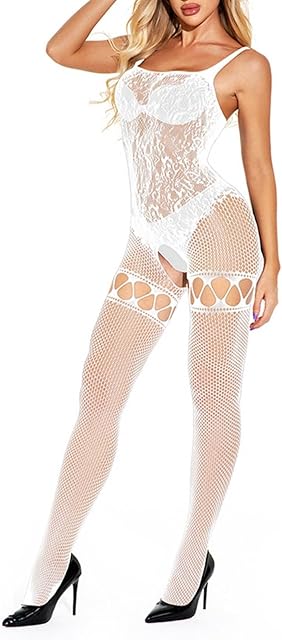 Women's Floral Lace Fishnet Bodystocking Stretchy Sexy Deep V Neck Bodysuit Lingerie One Piece Tights Transparen Clubwear