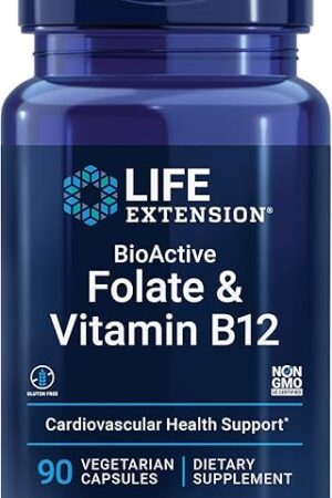 Life Extension BioActive Folate & Vitamin B12, Promotes Heart, Brain & GI Tract Health, Non-GMO, Gluten-Free, Vegetarian, 90 Capsules