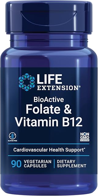 Life Extension BioActive Folate & Vitamin B12, Promotes Heart, Brain & GI Tract Health, Non-GMO, Gluten-Free, Vegetarian, 90 Capsules