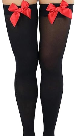Women's Opaque Satin Bow Accent Thigh Highs