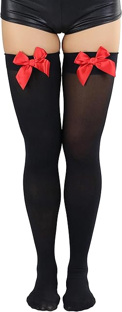 Women's Opaque Satin Bow Accent Thigh Highs
