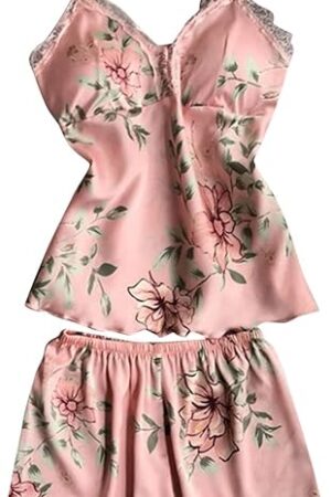 Women's Sexy Silk Satin Pajamas Sets Lingerie V Neck Lace Cami Short Set Cute Floral Lounge Set Soft Ladies Sleepwear Pink