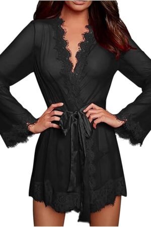 Women's Lace Kimono Robe Babydoll Lingerie Sexy Eyelash Mesh Nightgown Mini V Neck Nighty Sleepwear with Belt