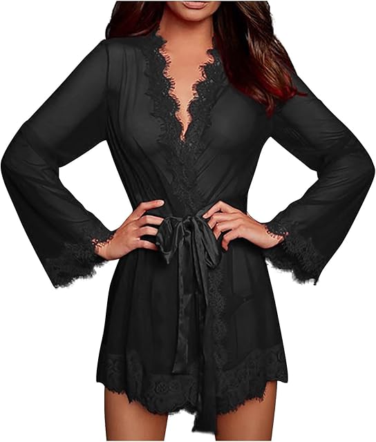 Women's Lace Kimono Robe Babydoll Lingerie Sexy Eyelash Mesh Nightgown Mini V Neck Nighty Sleepwear with Belt
