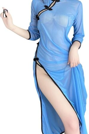 Women's Sexy Perspective Cheongsam Clothing Dress Collar Hollow Print Chinese Babydoll Classical Lingerie